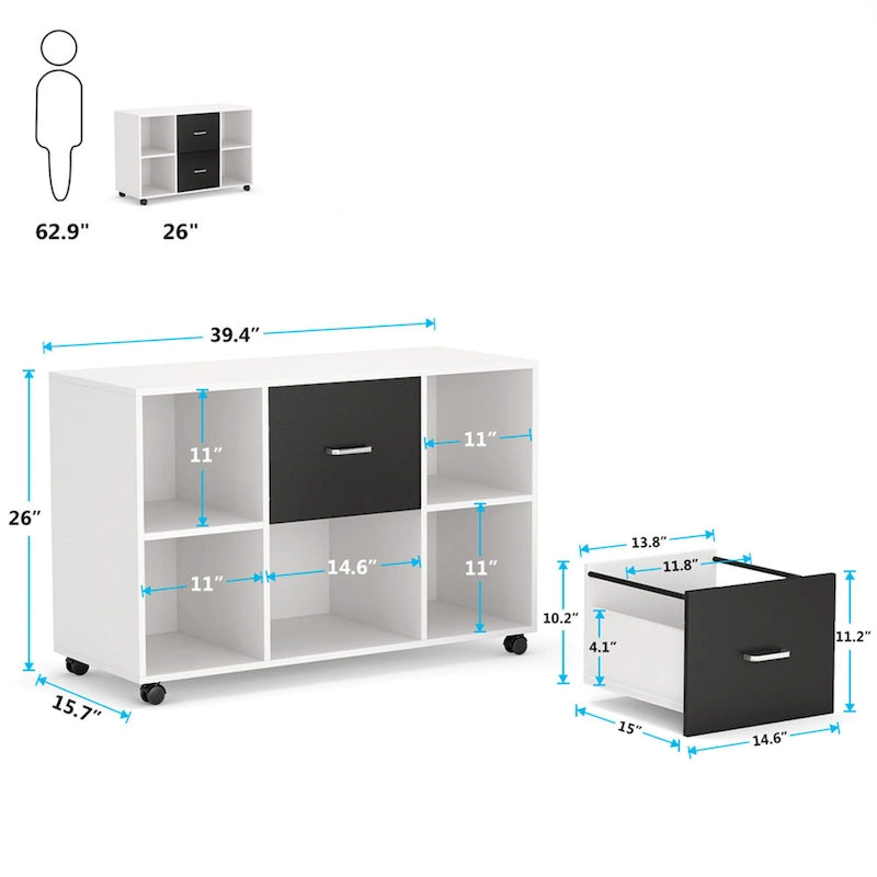 Black/ White Modern File Cabinet with 2 Drawers and 4 Open Shelves Wood Office Storage Cabinet