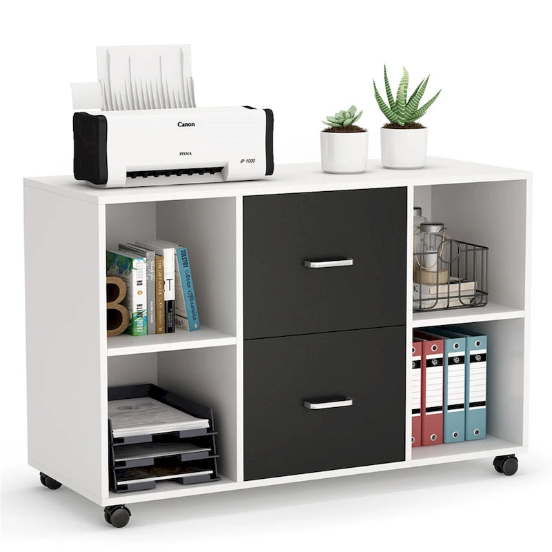 Black/ White Modern File Cabinet with 2 Drawers and 4 Open Shelves Wood Office Storage Cabinet