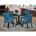 East West Furniture Kitchen Table Set- a Round Dining Table and Blue Linen Fabric Chairs, Wire brushed Black (Pieces Option)