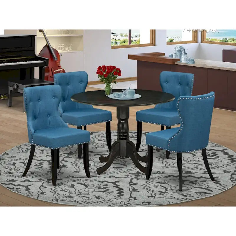 East West Furniture Kitchen Table Set- a Round Dining Table and Blue Linen Fabric Chairs, Wire brushed Black (Pieces Option)