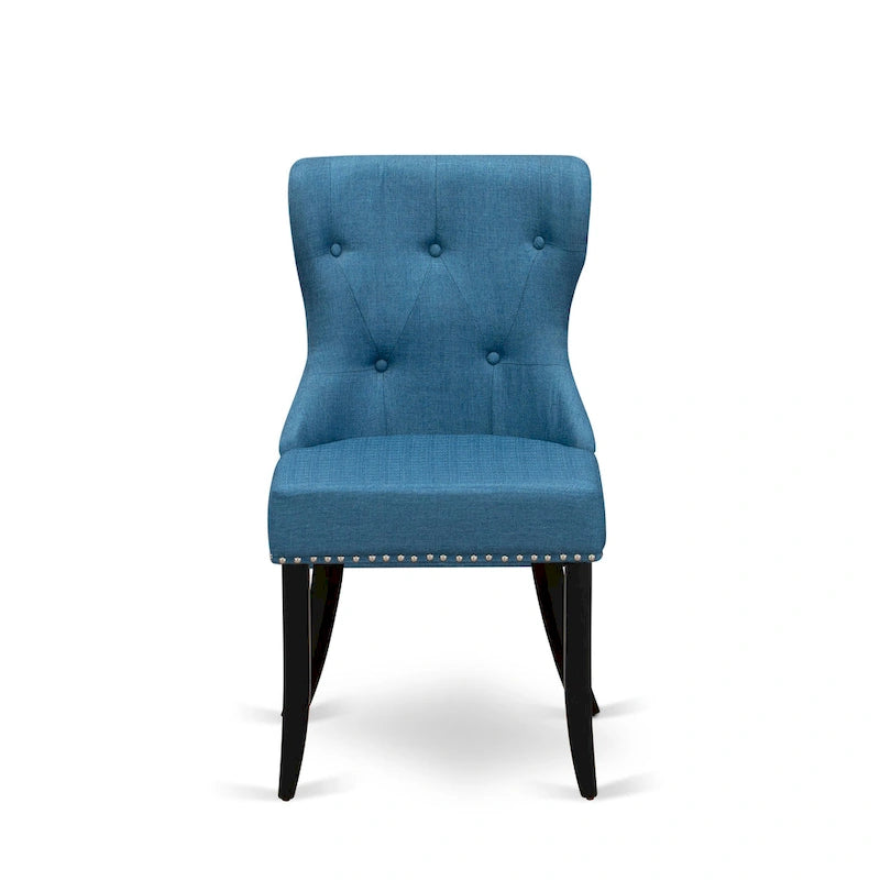 East West Furniture Kitchen Table Set- a Round Dining Table and Blue Linen Fabric Chairs, Wire brushed Black (Pieces Option)