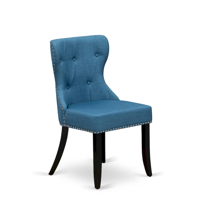 East West Furniture Kitchen Table Set- a Round Dining Table and Blue Linen Fabric Chairs, Wire brushed Black (Pieces Option)