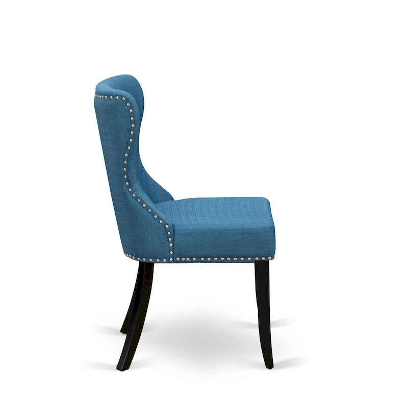 East West Furniture Kitchen Table Set- a Round Dining Table and Blue Linen Fabric Chairs, Wire brushed Black (Pieces Option)