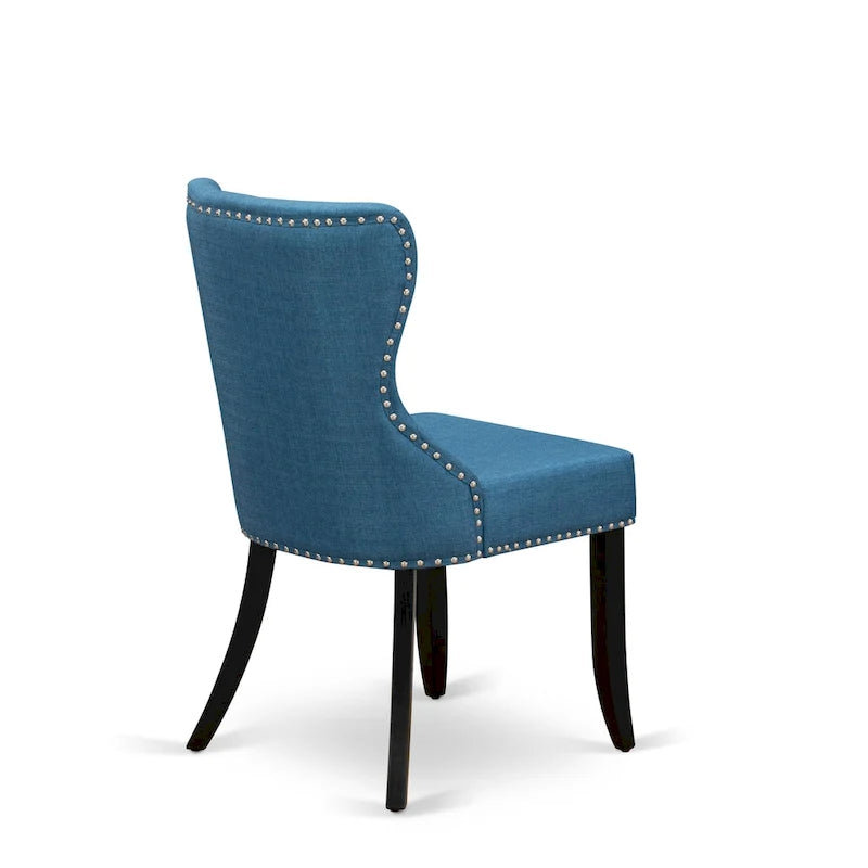 East West Furniture Kitchen Table Set- a Round Dining Table and Blue Linen Fabric Chairs, Wire brushed Black (Pieces Option)