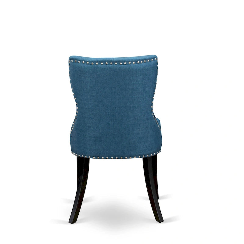 East West Furniture Kitchen Table Set- a Round Dining Table and Blue Linen Fabric Chairs, Wire brushed Black (Pieces Option)