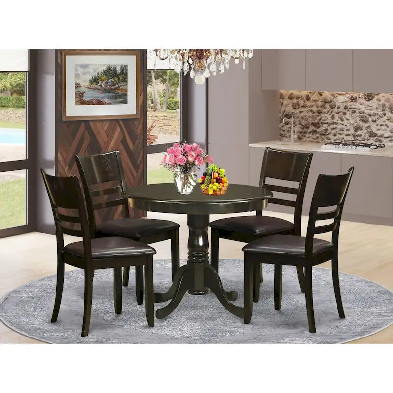 East West Furniture 5 Piece Kitchen Table Set- A Round Dining Room Table and 4 Dining Chairs, Cappuccino (Seat Options)