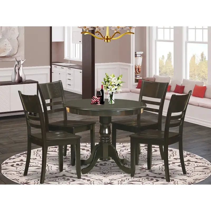 East West Furniture 5 Piece Kitchen Table Set- A Round Dining Room Table and 4 Dining Chairs, Cappuccino (Seat Options)