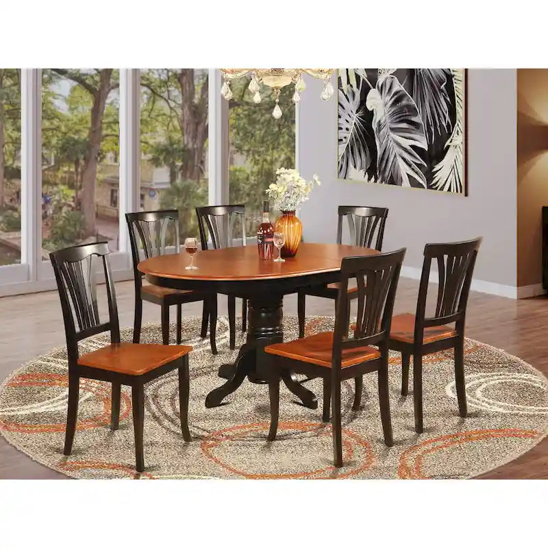 East West Furniture 7 Piece Kitchen Table Set- A Round Dining Room Table and 6 Dining Chairs, Black & Cherry (Seat Options)