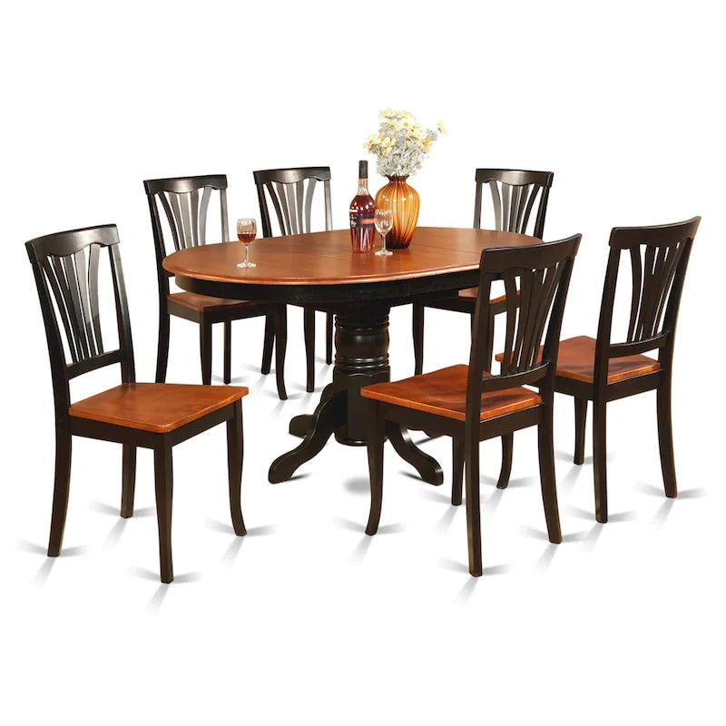 East West Furniture 7 Piece Kitchen Table Set- A Round Dining Room Table and 6 Dining Chairs, Black & Cherry (Seat Options)