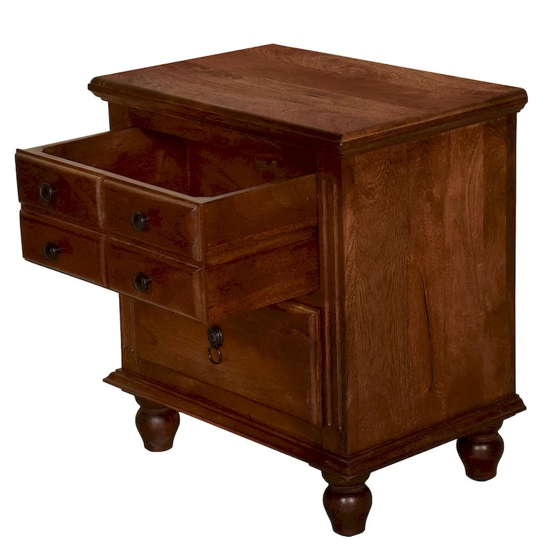 26 Inch Handcrafted Nightstand, 2 Drawers, Black Powder Coated Knobs, Walnut Brown Mango Wood