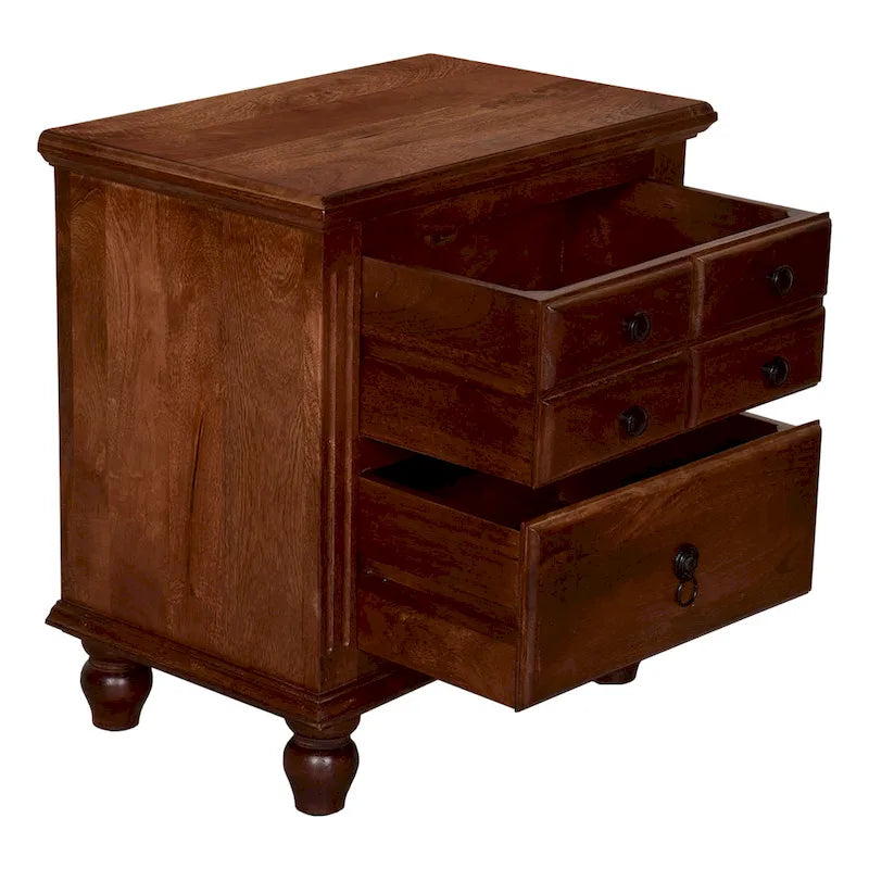 26 Inch Handcrafted Nightstand, 2 Drawers, Black Powder Coated Knobs, Walnut Brown Mango Wood