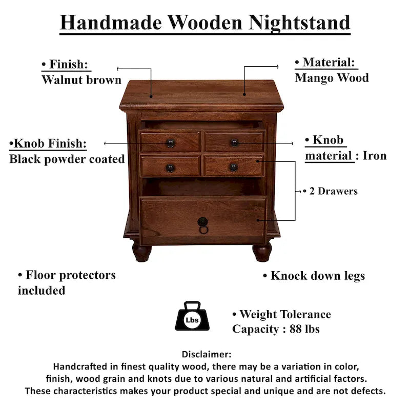 26 Inch Handcrafted Nightstand, 2 Drawers, Black Powder Coated Knobs, Walnut Brown Mango Wood