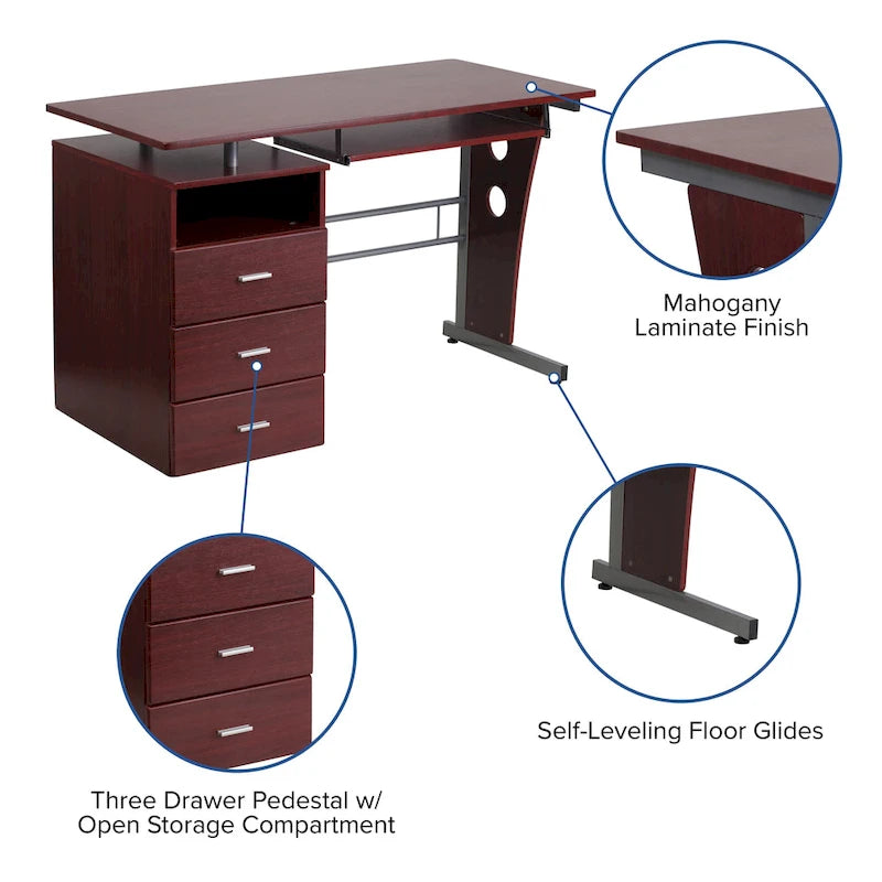 Pedestal 3-drawer Computer Desk with Keyboard Tray
