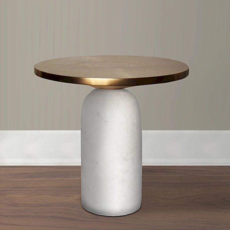 17 Inch Round Brass Modern Accent End Table with Cylindrical Marble Base, Brass, White