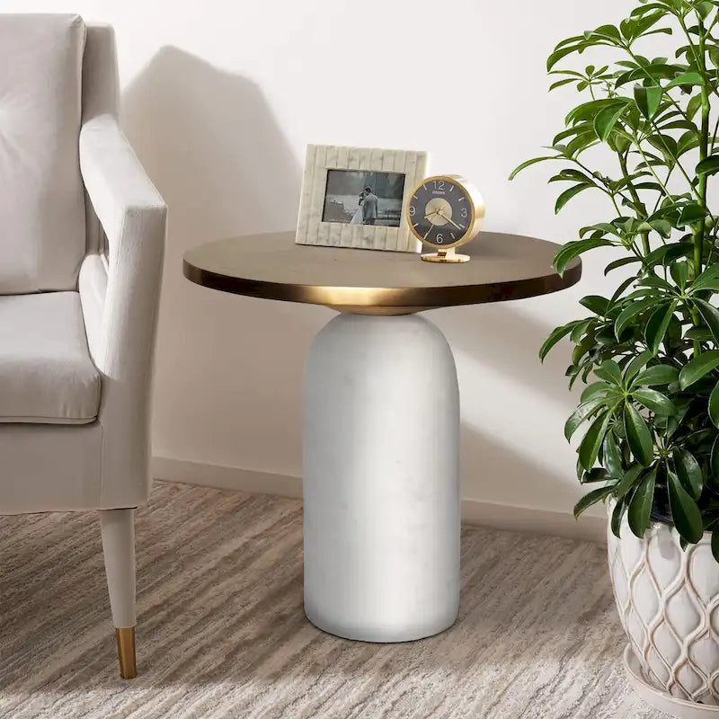 17 Inch Round Brass Modern Accent End Table with Cylindrical Marble Base, Brass, White