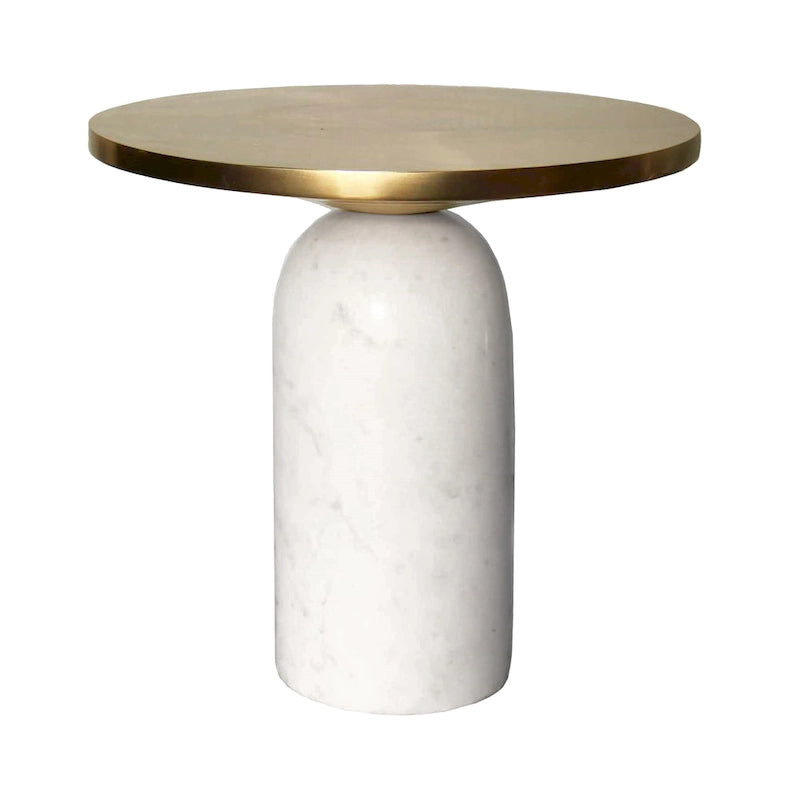 17 Inch Round Brass Modern Accent End Table with Cylindrical Marble Base, Brass, White
