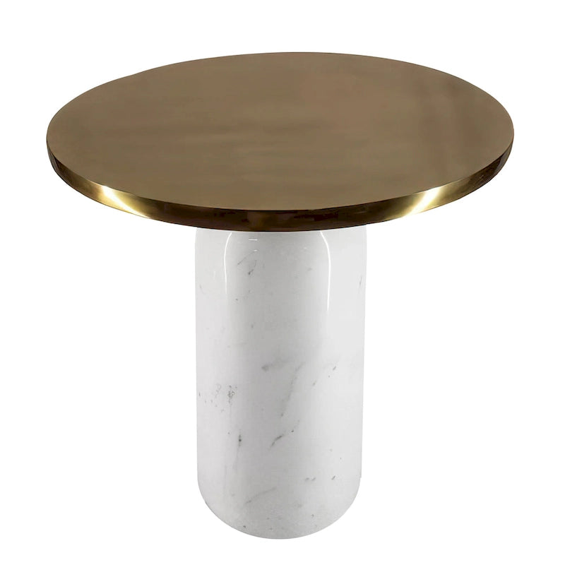 17 Inch Round Brass Modern Accent End Table with Cylindrical Marble Base, Brass, White
