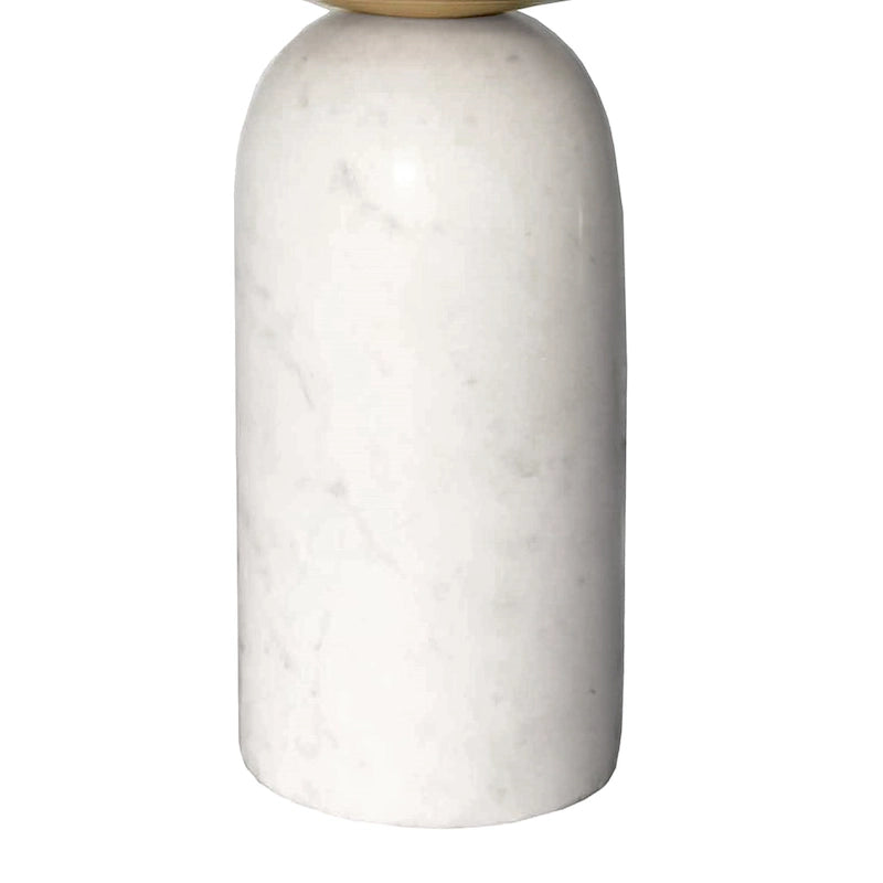 17 Inch Round Brass Modern Accent End Table with Cylindrical Marble Base, Brass, White