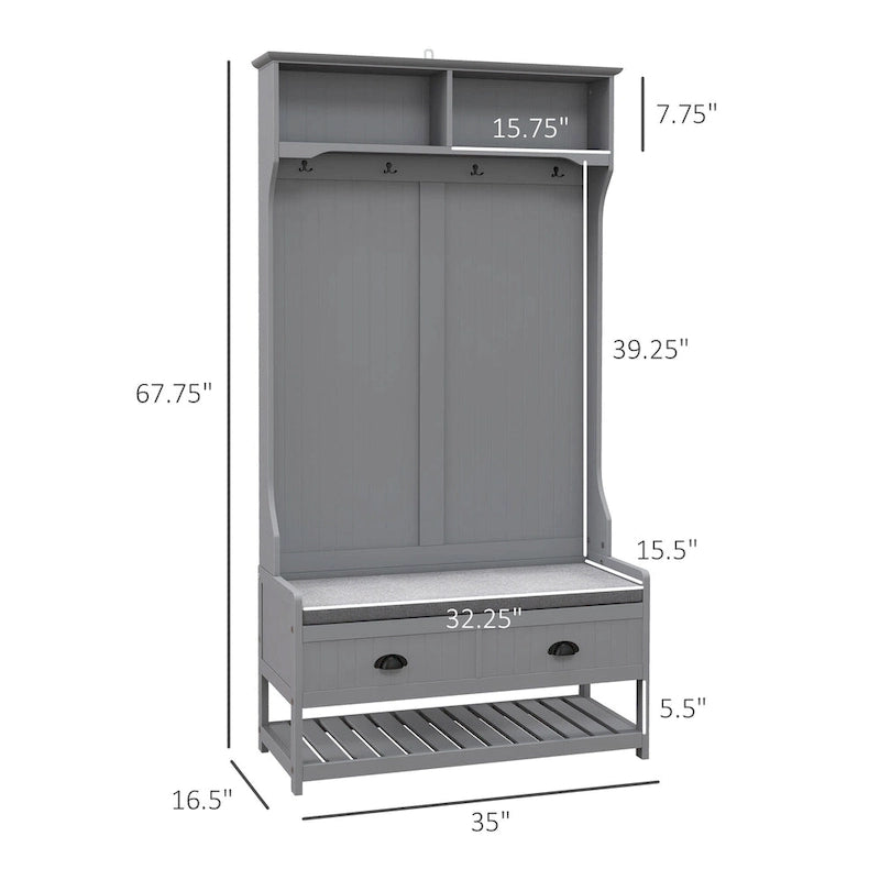 HOMCOM Coat Rack and Bench Hall Tree Organizer with 4 Hooks, 2 Drawers with Padded Seat Cushions for Entryway, Gray