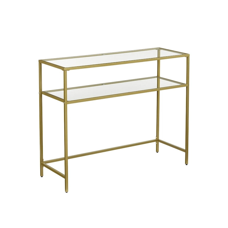 Golden Tempered Glass Top Consol Table with Metal Frame and 2 Shelves - 39.4L x 13.8W x 31.5H