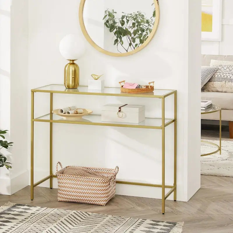 Golden Tempered Glass Top Consol Table with Metal Frame and 2 Shelves - 39.4L x 13.8W x 31.5H