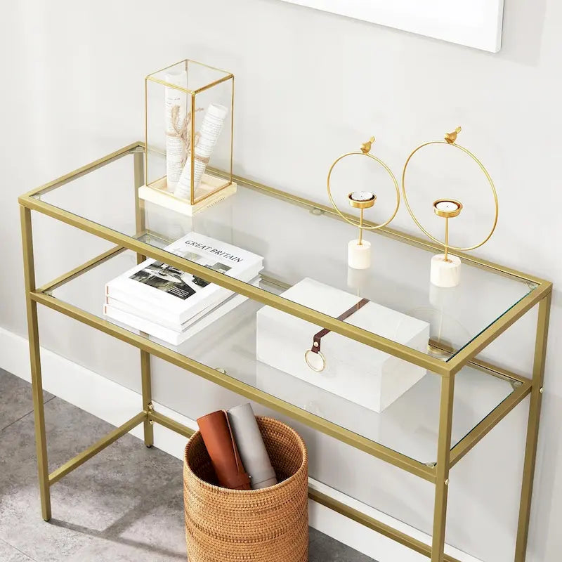 Golden Tempered Glass Top Consol Table with Metal Frame and 2 Shelves - 39.4L x 13.8W x 31.5H