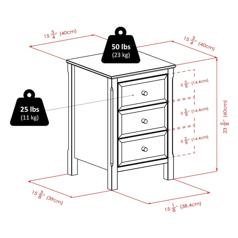 Black Wooden Nightstand Accent Table with 3 Spacious Storage Drawers - 15.75L x 15.75W x 23.63H