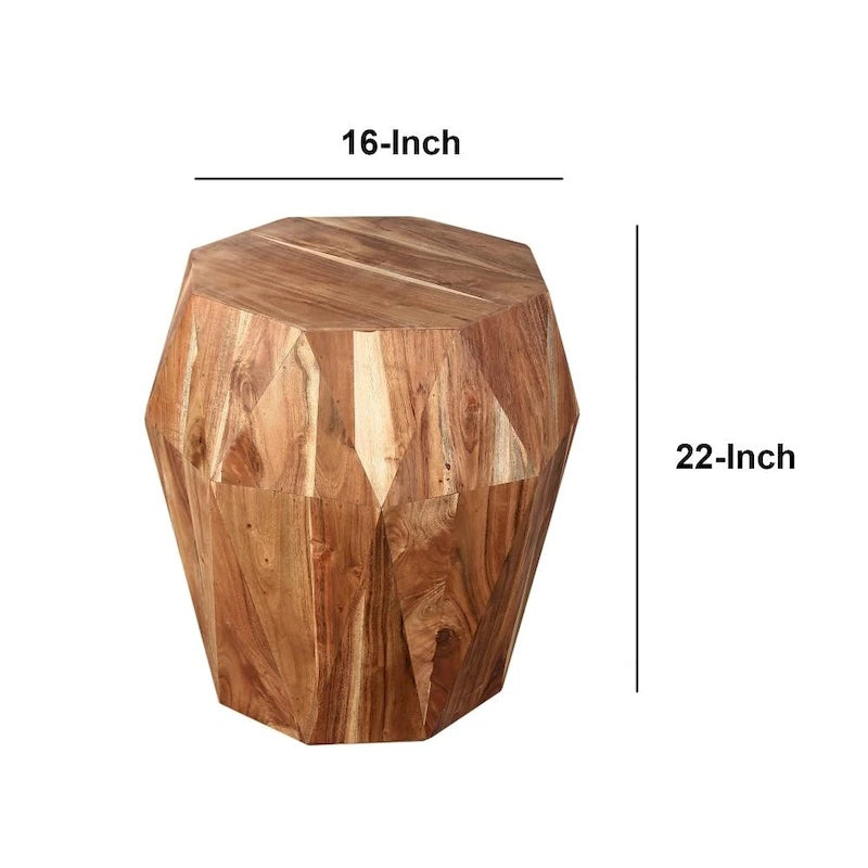 21.5 Inch Faceted Handcrafted Mango Wood Side End Table with Octagonal Top, Natural Brown - 16L x 16W x 21.5H