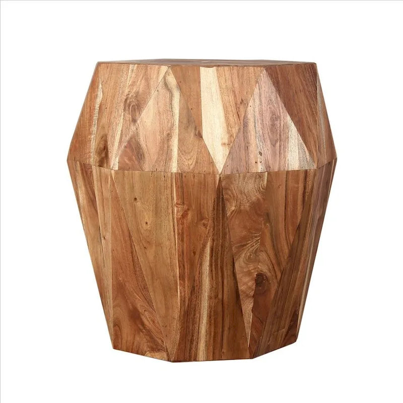 21.5 Inch Faceted Handcrafted Mango Wood Side End Table with Octagonal Top, Natural Brown - 16L x 16W x 21.5H
