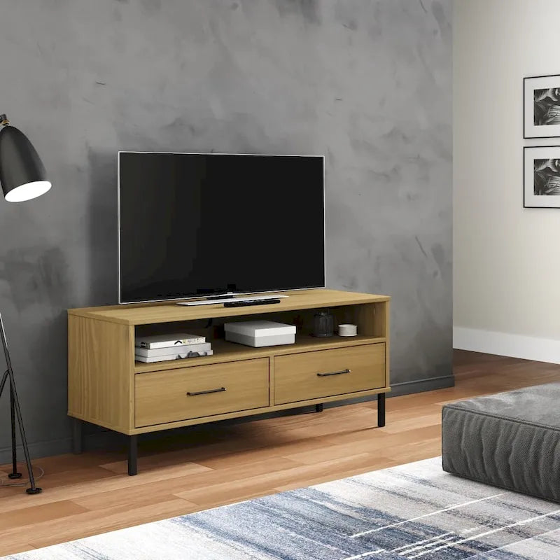 vidaXL TV Stand TV Console TV Console with Metal Legs Solid Wood Pine OSLO - 41.7 x 15.7 x 18.3