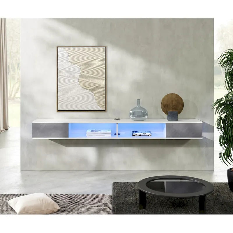 WAMPAT 70 Floating TV Stand Wall Mounted, Floating Entertainment Center for Living Room Bedroom, White&Grey