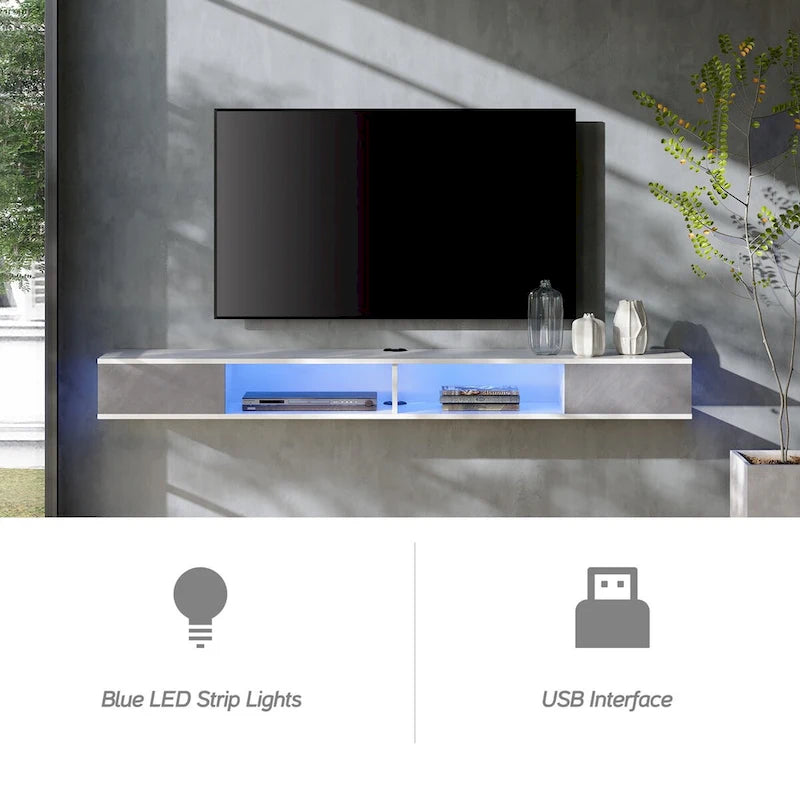 WAMPAT 70 Floating TV Stand Wall Mounted, Floating Entertainment Center for Living Room Bedroom, White&Grey