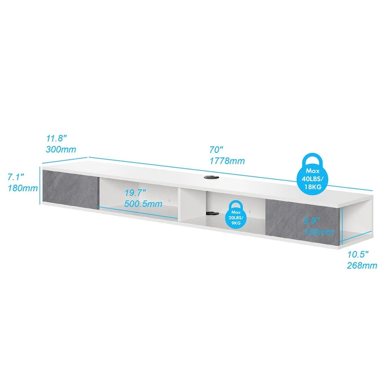 WAMPAT 70 Floating TV Stand Wall Mounted, Floating Entertainment Center for Living Room Bedroom, White&Grey