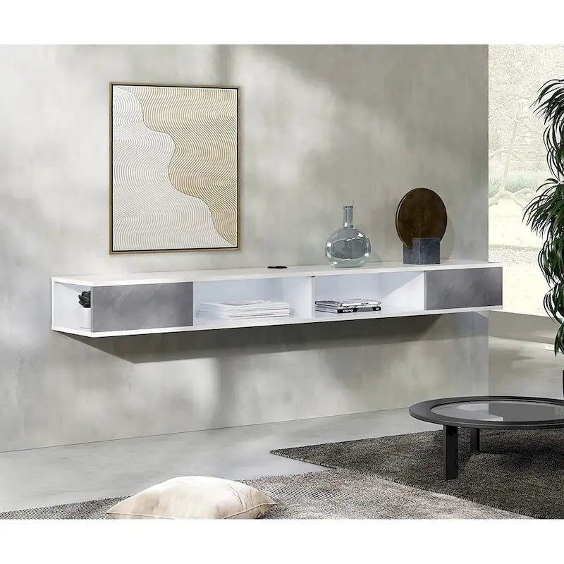 WAMPAT 70 Floating TV Stand Wall Mounted, Floating Entertainment Center for Living Room Bedroom, White&Grey