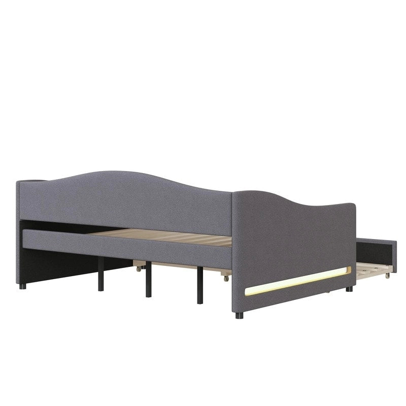 Teddy Fleece Full Size Upholstered Daybed with LED Light and Trundle