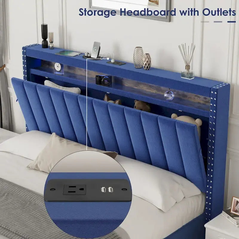 King Size Gas Lift Storage Bed with RF LED Lights, Storage Headboard, King Size Velvet