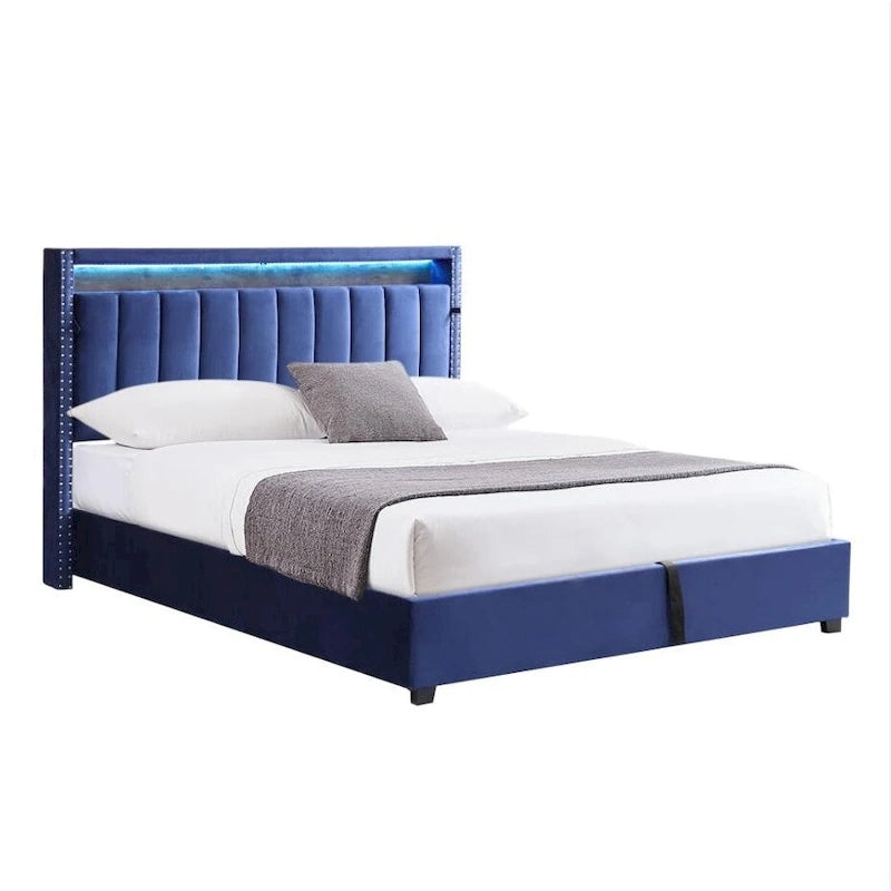 King Size Gas Lift Storage Bed with RF LED Lights, Storage Headboard, King Size Velvet