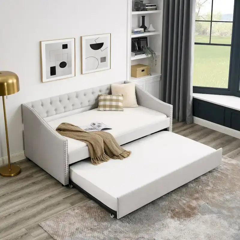Twin Size Daybed with Trundle Upholstered Tufted Sofa Bed