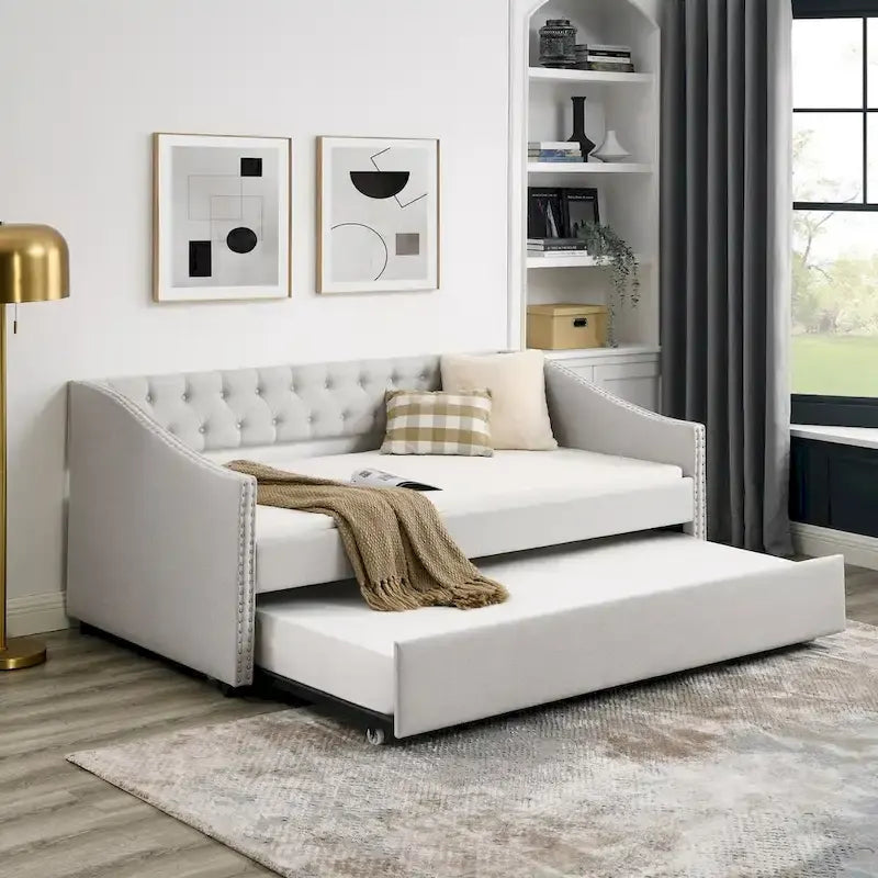 Twin Size Daybed with Trundle Upholstered Tufted Sofa Bed