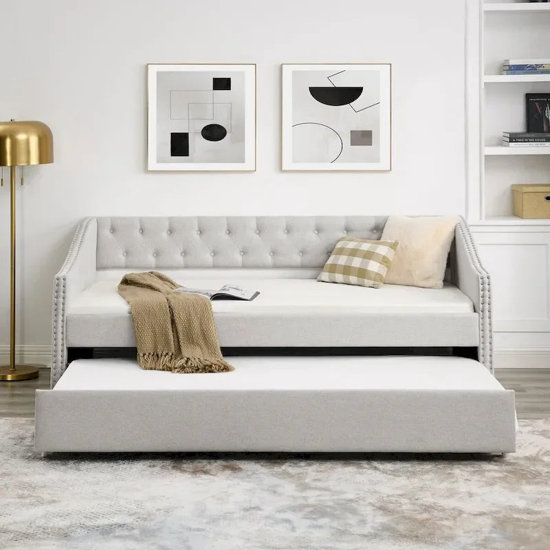 Twin Size Daybed with Trundle Upholstered Tufted Sofa Bed