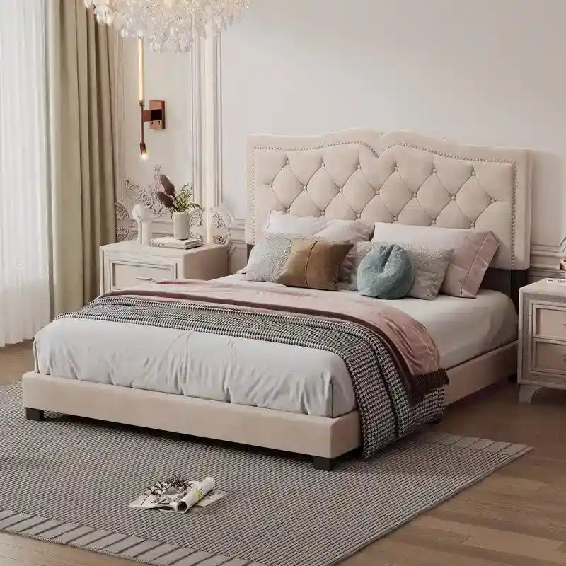 Queen Size Upholstered Bed Frame with Rivet Design, Modern Velvet Platform Bed with Tufted Headboard