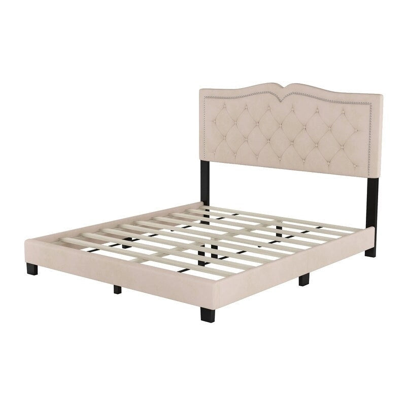 Queen Size Upholstered Bed Frame with Rivet Design, Modern Velvet Platform Bed with Tufted Headboard