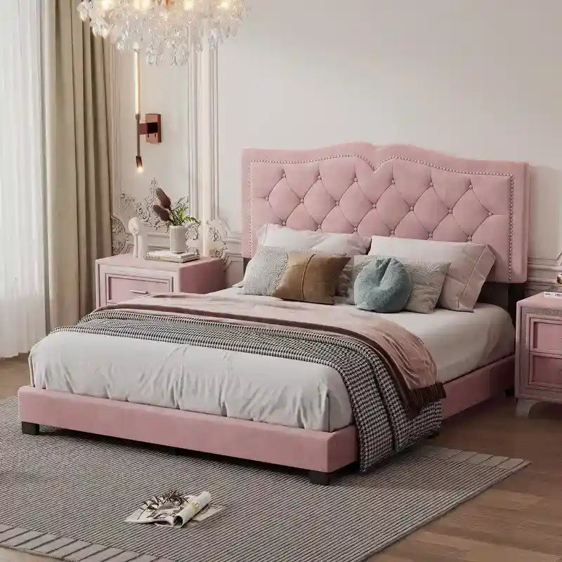Queen Size Upholstered Bed Frame with Rivet Design, Modern Velvet Platform Bed with Tufted Headboard