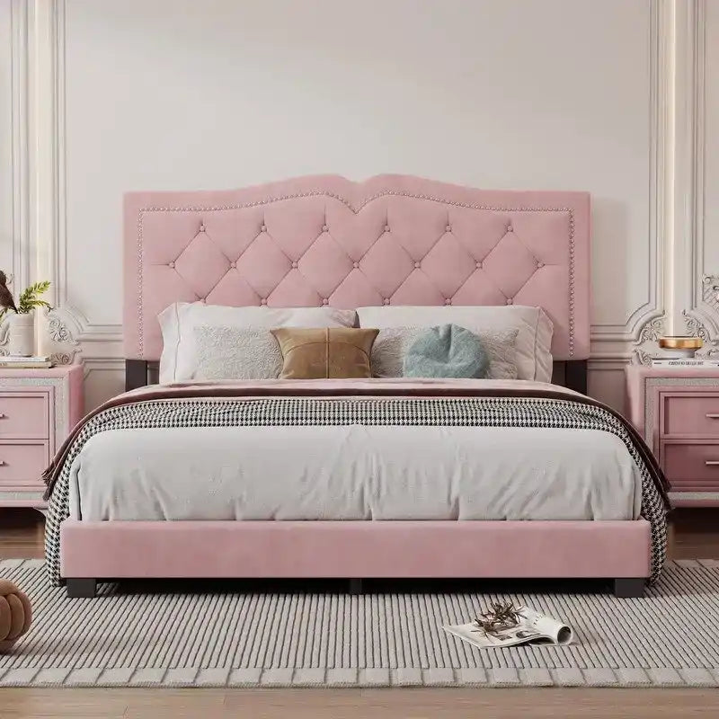 Queen Size Upholstered Bed Frame with Rivet Design, Modern Velvet Platform Bed with Tufted Headboard