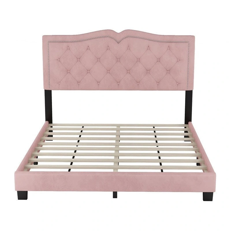 Queen Size Upholstered Bed Frame with Rivet Design, Modern Velvet Platform Bed with Tufted Headboard