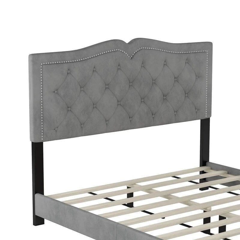 Queen Size Upholstered Bed Frame with Rivet Design, Modern Velvet Platform Bed with Tufted Headboard