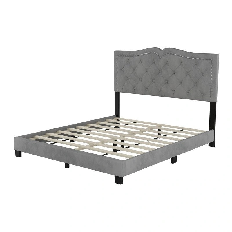 Queen Size Upholstered Bed Frame with Rivet Design, Modern Velvet Platform Bed with Tufted Headboard