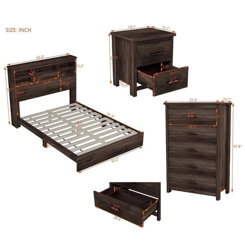 4-Pieces Bedroom Sets Queen Size Vintage Wooden Bed Frame with 2 Nightstands and 1 Dresser
