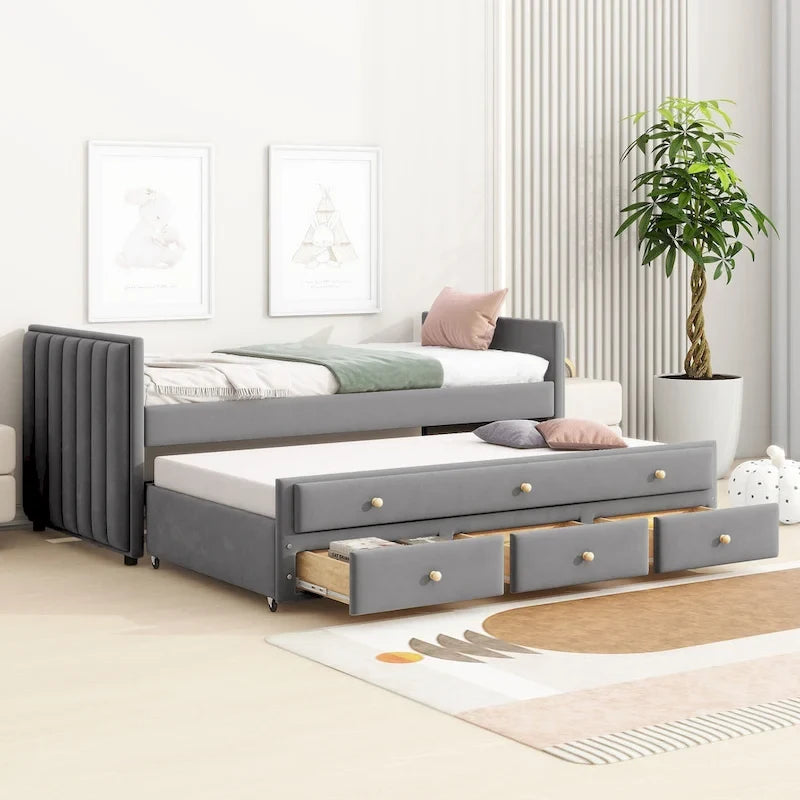 Upholstered Daybed with Twin Size Trundle and Drawers