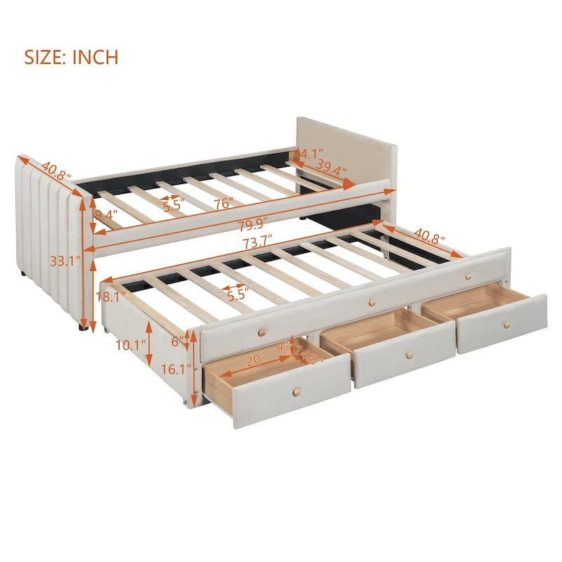 Upholstered Daybed with Twin Size Trundle and Drawers